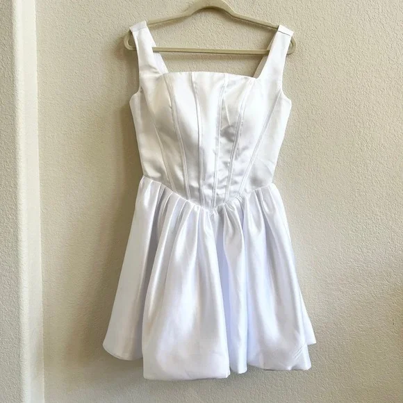 White Satin Corset Fit and Flare Mini Dress Bachelorette Party Bridal Graduation - Picture 7 of 13